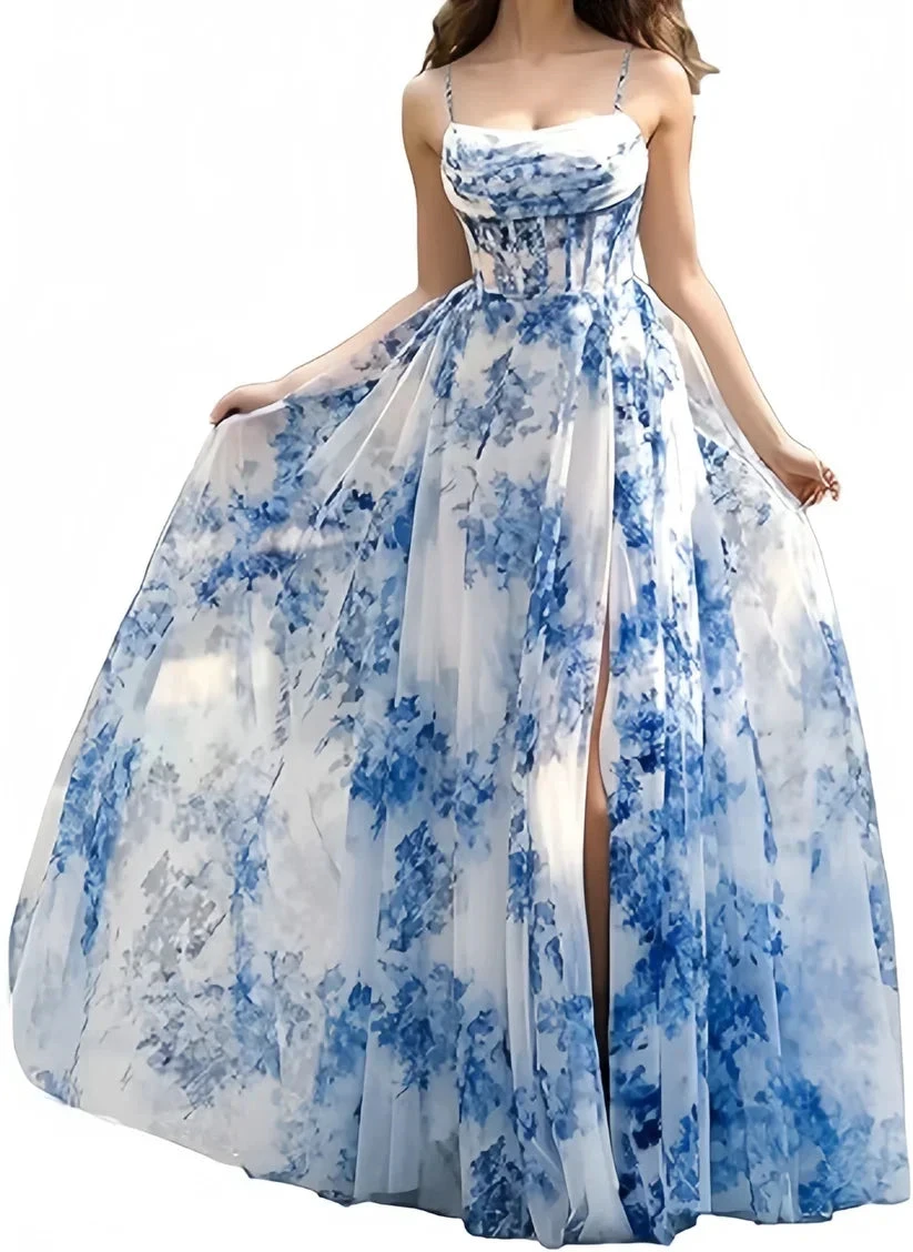 Glam Blue Chiffon Print Floral Slit Prom Dress Spaghetti Straps Evening Gown Y8277 by simplepromdress
