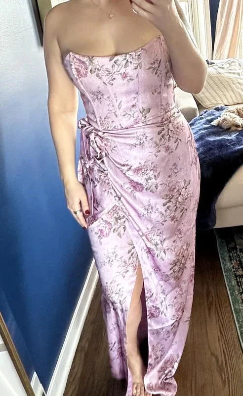 Fuchsia Printed Corset Front-Slit Satin Prom Dress Formal Evening Dress Y8458 by simplepromdress