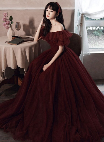 Burgunderrotes schulterfreies Tüll-Ballkleid Abendkleid Y8351