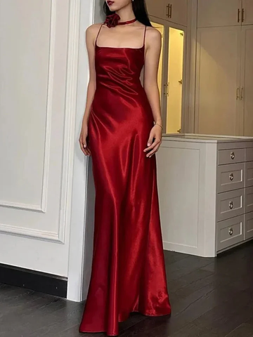 Elegantes Burgunder Spaghettiträger Langes Ballkleid Rückenfreies Abendkleid Y7748