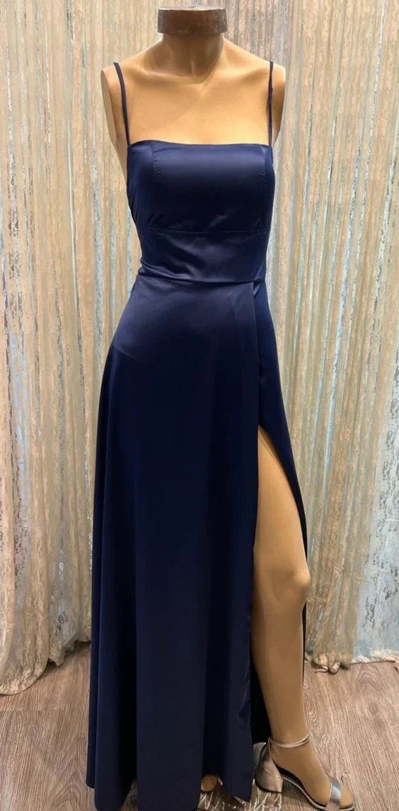 Classic A-line Navy Blue Prom Dress With Split Simple Evening Dress For Teens Y6772 by simplepromdress