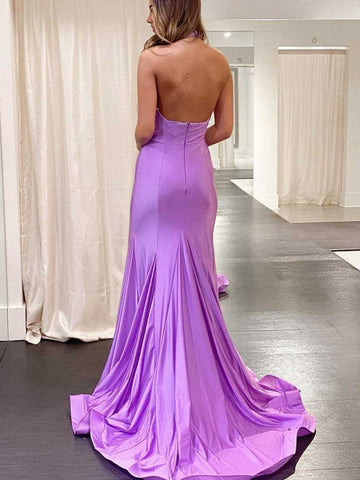 Vestido de fiesta morado largo ajustado con cuello halter cruzado