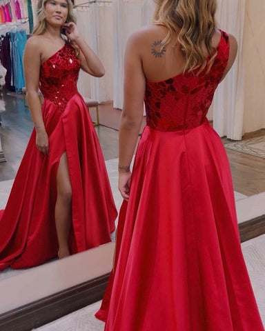 Magnolia | Vestido de fiesta largo con lentejuelas, corte A, un hombro y abertura