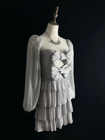 Cute Silver Gray Tulle Bow A Line Layered Short Party Dress Homecoming Dress Y8651