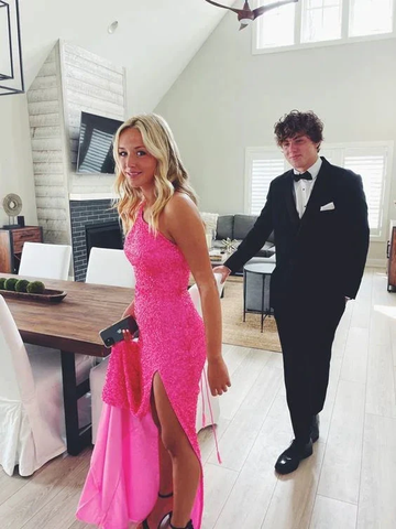 Woman in pink prom dress and man in black tuxedo at home, ZAPDRESS formalwear style