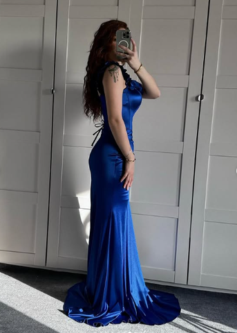 Vestido de noche azul de corte sirena con hombros descubiertos, vestido formal de fiesta Y7842