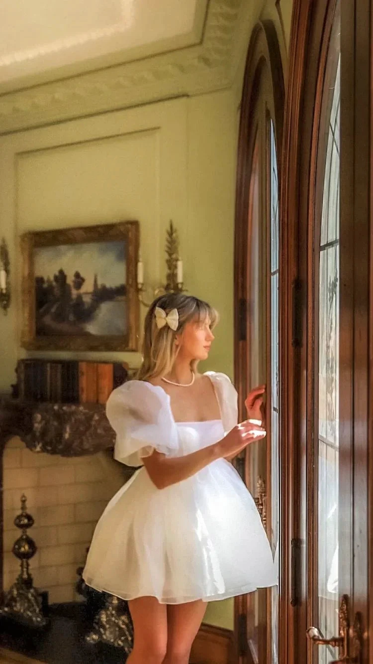 Square Neck White Tulle Short Homecoming Dress With Puff Sleeves Y2375 by simplepromdress
