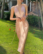 Sexy Halter V Neck Party Dress Champagne Gold Prom Evening Dress Y8211 by simplepromdress