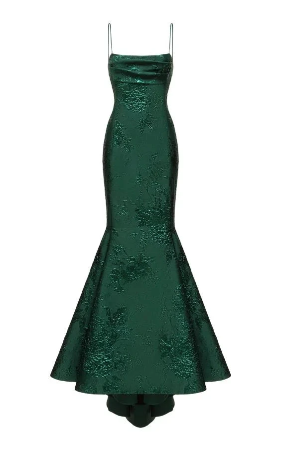 Elegant emerald green mermaid dress with floral texture and thin straps from ZAPDRESS