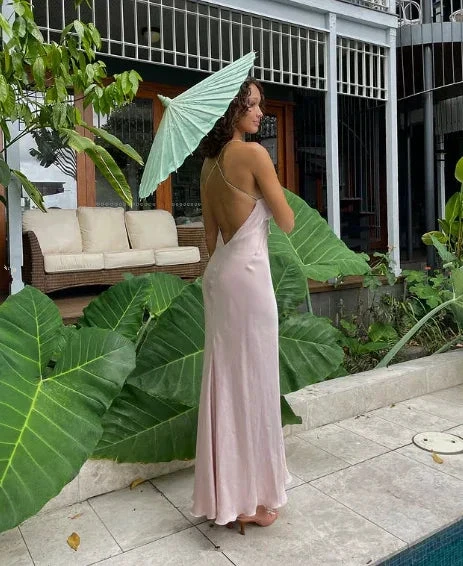 Classy Spaghetti Straps Pink Backless Evening Dress Long Prom Dress Y8293 by simplepromdress