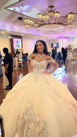 Vestido de quinceañera color champán con flores estilo bosque, vestido de fiesta de dulces 16 con hombros descubiertos Y3026