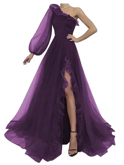 Burgundy tulle prom dress one shoulder evening dress S17925 by simplepromdress