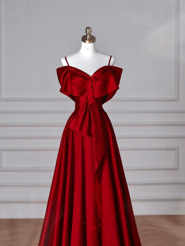 Red Satin Off The Shoulder Prom Dress Bow A Line Evening Dress Y8626