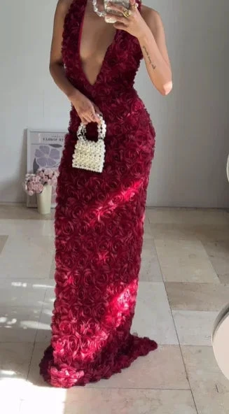 Gorgeous Deep V Burgundy Rose Flowers Sheath Long Prom Dress Evening Dress Y8504 by simplepromdress