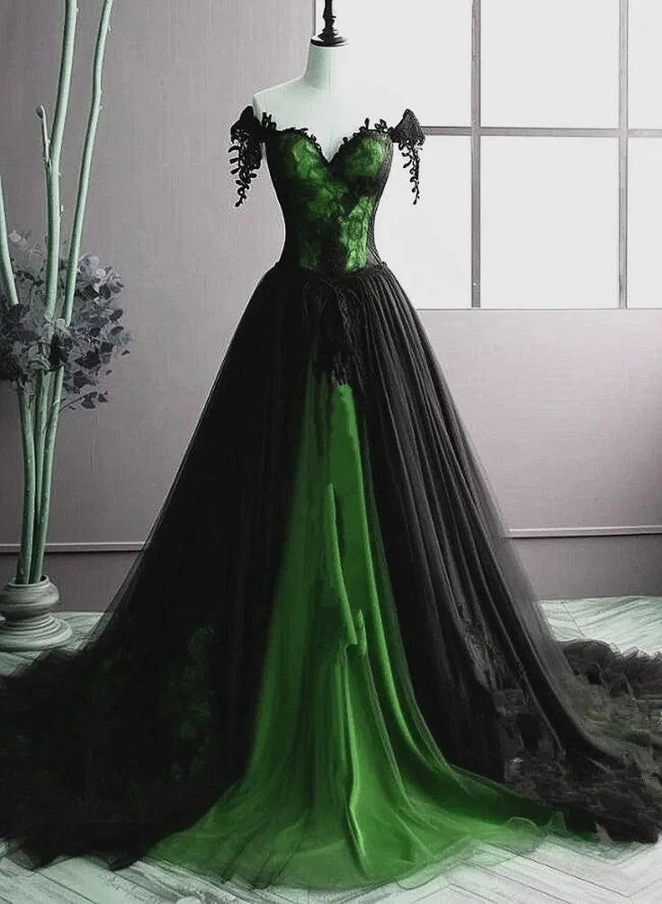 Unique Off The Shoulder Green A-line Sweetheart Tulle Long Party Dress Evening Dress Y7795 by simplepromdress