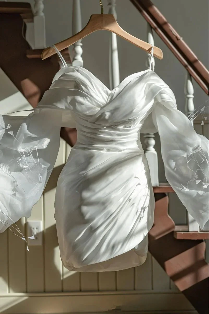 White Long Sleeves Homecoming Dress with Pleated White Graduation Dress Y2545 by simplepromdress