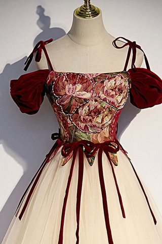 Vestido de fiesta largo con tirantes finos de tul color champán, corte A, Y7952