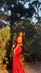 Elegant Off The Shoulder Mermaid Evening Dress Red Satin Prom Dress Y8221 by simplepromdress