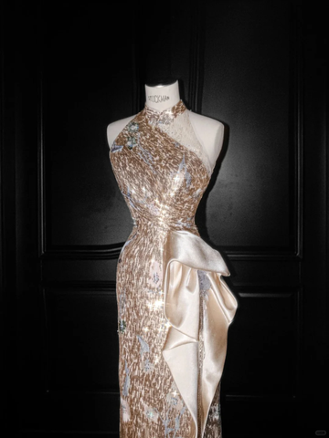 Glitter Champagne Gold Sequin Sheath Prom Dress Halter Long Evening Dress Y8653