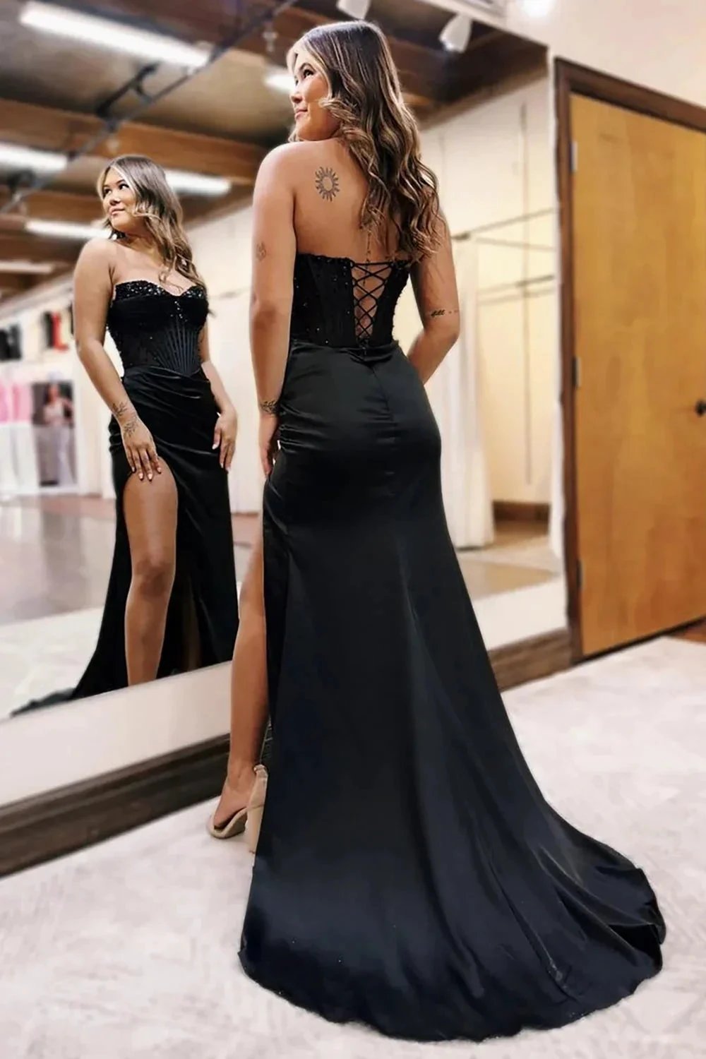 Sweetheart Mermaid Satin Long Corset Prom Dress with Beading by DREAMUNDERWEAR