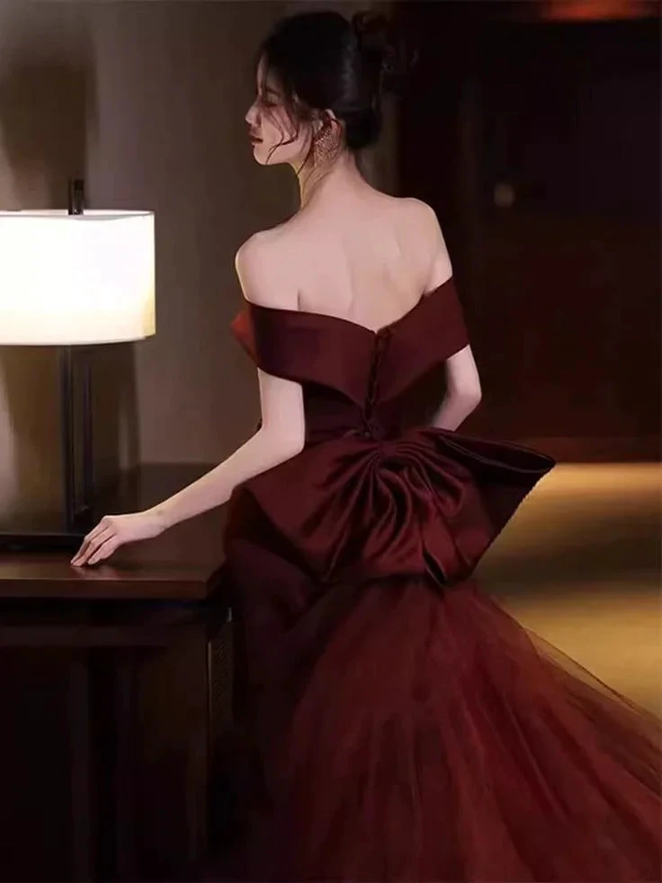 Mermaid Off Shoulder Evening Dress with Bow Burgundy Prom Dress Y7181 by simplepromdress