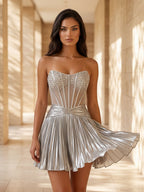 Sparkly Beading Illusion Bodice Mini A-Line Pleated Hoco Dress in Silver