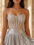 Sparkly Beading Illusion Bodice Mini A-Line Pleated Hoco Dress in Silver