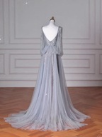 Classy Blue V Neck Sequins Beaded Tulle Prom Dress A Line Backless Evening Dress Y8644 by simplepromdress