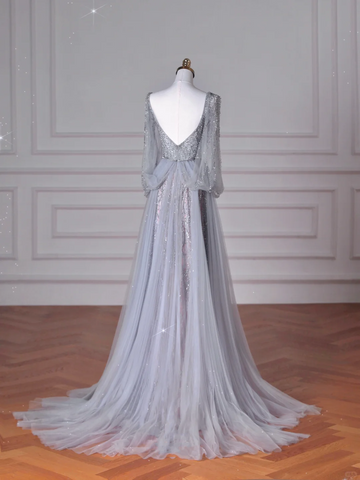 Classy Blue V Neck Sequins Beaded Tulle Prom Dress A Line Backless Evening Dress Y8644