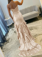 Luxury Crystal Ruffle Removable Off Shoulder Long Mermaid Prom Dress in Champagne