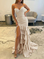 Luxury Crystal Ruffle Removable Off Shoulder Long Mermaid Prom Dress in Champagne