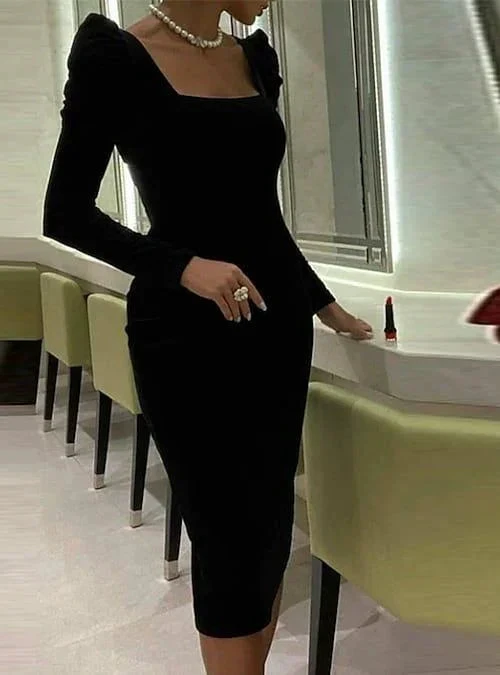 Sheath Column Elegant Sexy Cocktail Party Dress Square Neck Long Sleeve Knee Length Short Prom Dress Y4194 by simplepromdress