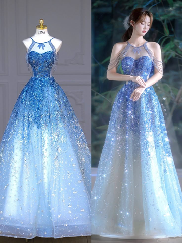 Gorgeous Blue Tulle Sequins Beaded Evening Dress Shiny Formal Prom Dress Y8352