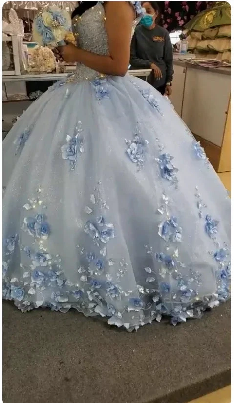 Light Blue Long Dress Cute 3D Applique Off Shoulder Ball Gown Princess Dress Y260 by simplepromdress