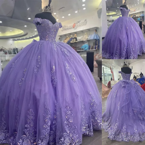 Vestido de quinceañera mexicano con corsé lila, vestido de fiesta con apliques de encaje, vestido de cumpleaños Y1476