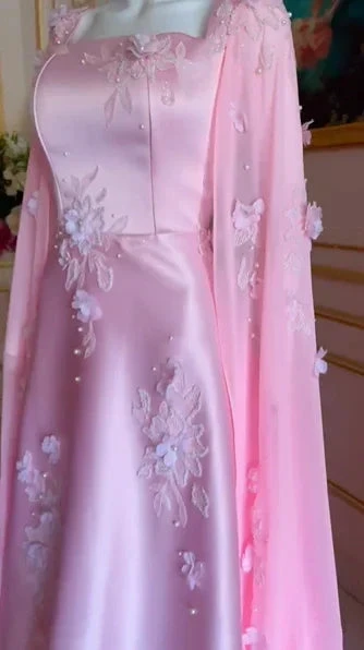 Luxury Pink Satin Long A Line Evening Dress Pretty Appliques Prom Dress Y7591 by simplepromdress