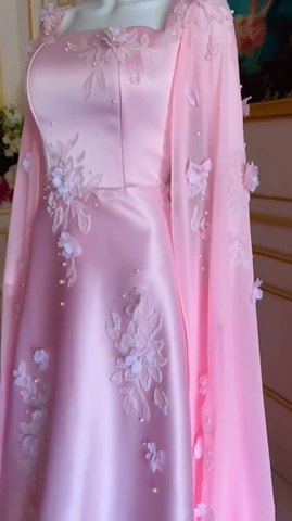 Vestido de noche largo de satén rosa de lujo con corte A y bonitos apliques, vestido de fiesta Y7591