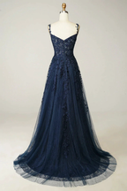 A-line Navy Blue Prom Dress Lace Tulle Evening Dress Y382 by simplepromdress