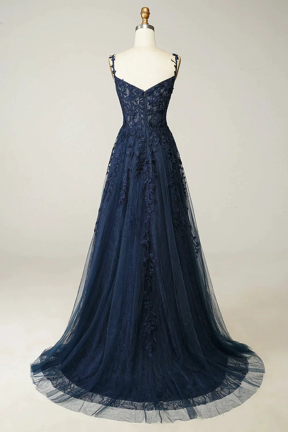 A-line Navy Blue Prom Dress Lace Tulle Evening Dress Y382 by simplepromdress