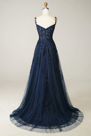 A-Linie Marineblaues Ballkleid Spitze Tüll Abendkleid Y382
