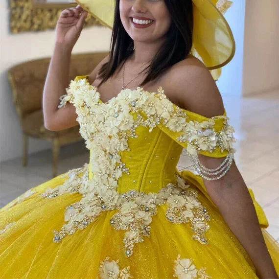 Yellow Ball Gown Quinceanera Dresses Off Shoulder Lace up Back Sweep Train Appliques Beads Y656 by simplepromdress