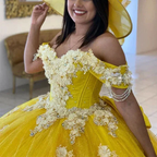 Yellow Ball Gown Quinceanera Dresses Off Shoulder Lace up Back Sweep Train Appliques Beads Y656 by simplepromdress