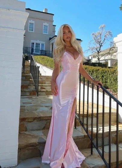 Pink Satin Appliques Mermaid Prom Dress Long Slit Evening Gown Y8263 by simplepromdress