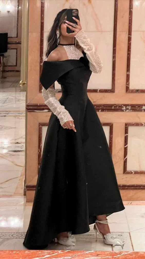 Classy Black A-line Satin Evening Dress Black Dinner Dress Y6700 by simplepromdress