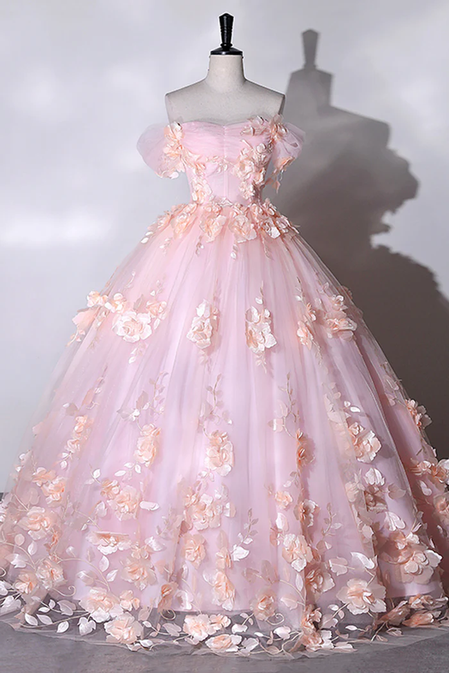 Pink Flowers Sweetheart Ball Gown Formal Dresses, Pink Long Sweet 16 Dresses Y6951 Hover Image