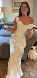 Classy Satin Print Floral White Long Prom Dress Off The Shoulder Mermaid Evening Dress Y8552 by simplepromdress