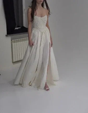 Classy Strapless Satin Beaded Evening Dress A Line Slit Prom Dress Y8314 by simplepromdress