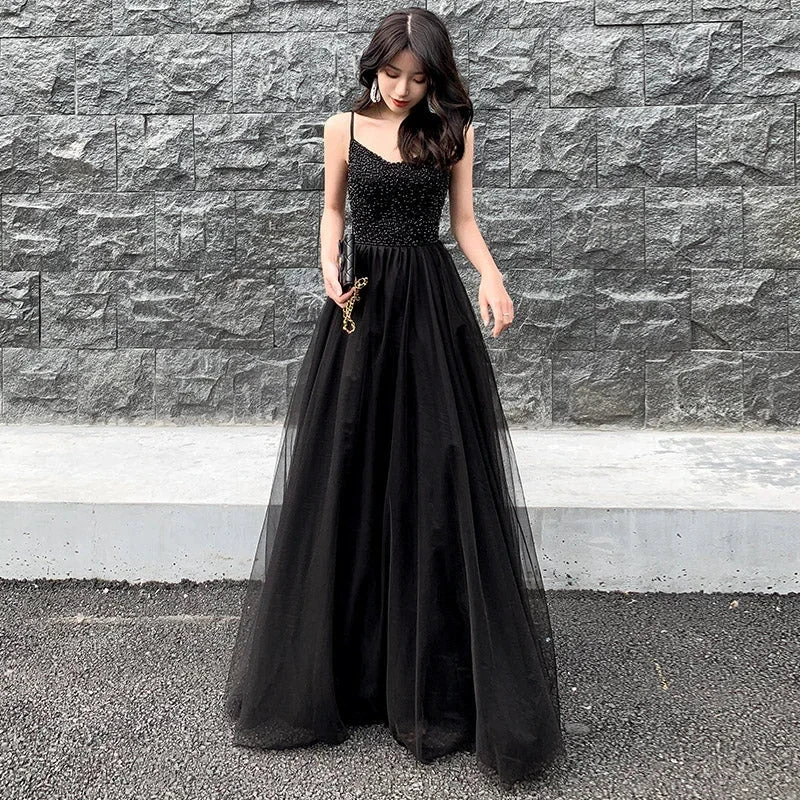 Black tulle beads long prom dress black evening dress Y1134 by simplepromdress