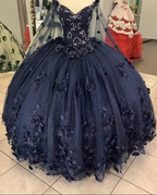 Women's Navy Blue Quinceanera Dresses Appliques Beaded Dresses 3D Flowers Ball Gown,Y2480 by simplepromdress