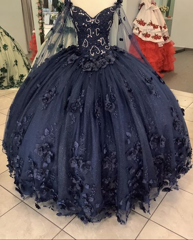 Damen Marineblau Quinceanera Kleider Applikationen Perlen Kleider 3D Blumen Ballkleid, Y2480